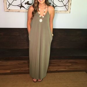 Olive green spaghetti strap maxi dress